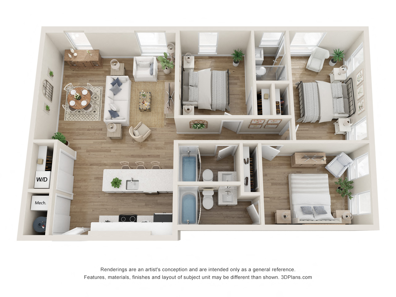 Floor plan for 3 beds, 3 baths, 1190 sqft